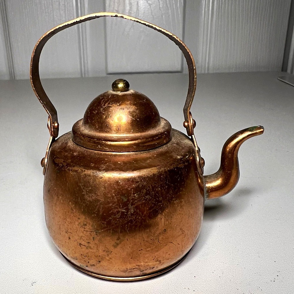 Miniature Copper Tea Kettle w/ Lid, Spout & Swing Handle, Round Manual Pot 3"